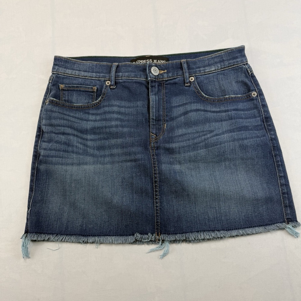 Express Womens 8 Blue Denim Mini Skirt Raw Hem Frayed Distressed Casual